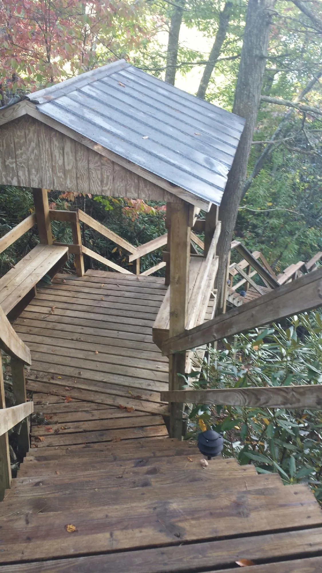 Metal roofed shelter over wooden steps on a wooded walkway — Skylight Repair & Installation work by our crew in Vanderbilt